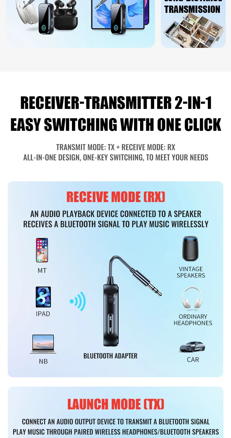 Organza Travel® Bluetooth 6.0 2-in-1 AUX Adapter | Wireless Transmitter & Receiver for Car, TV, PC & Airplane (3.5mm)