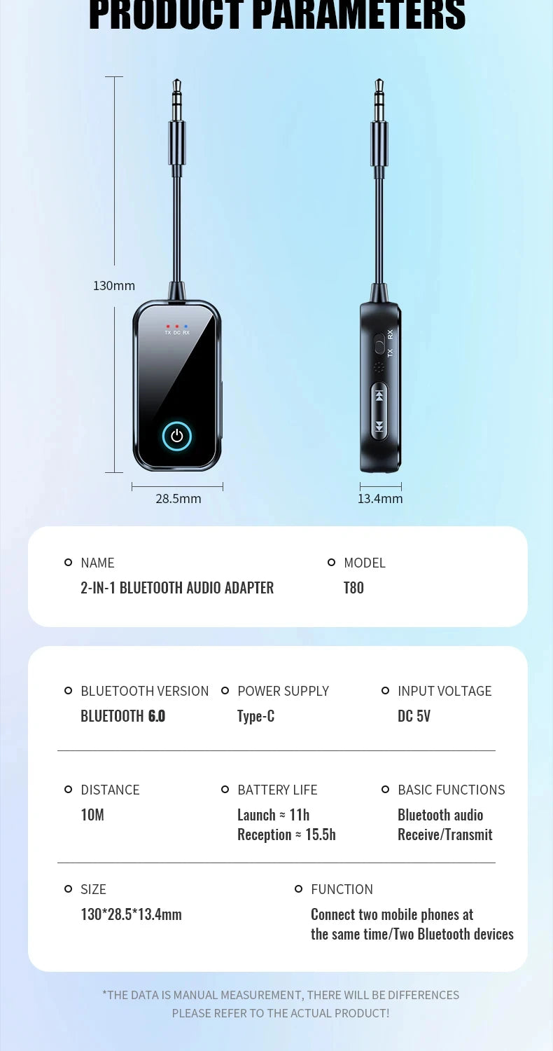 Organza Travel® Bluetooth 6.0 2-in-1 AUX Adapter | Wireless Transmitter & Receiver for Car, TV, PC & Airplane (3.5mm)