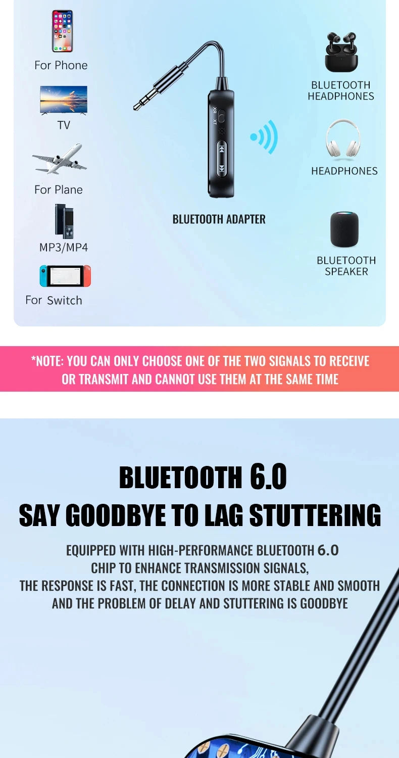 Organza Travel® Bluetooth 6.0 2-in-1 AUX Adapter | Wireless Transmitter & Receiver for Car, TV, PC & Airplane (3.5mm)